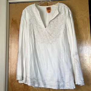 Tory Burch white tunic with silver stitching size 10